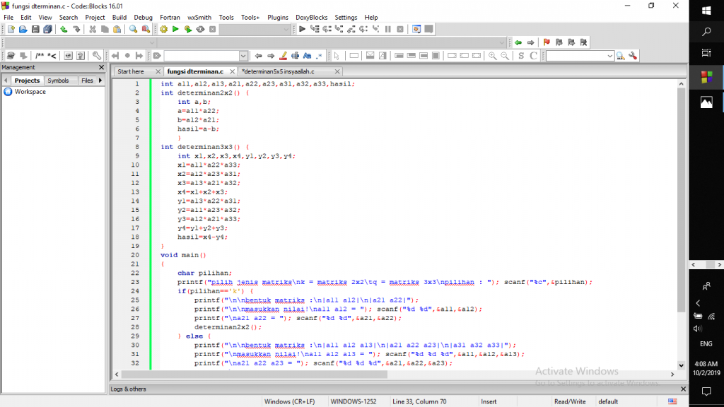 Tugas Fungsi (mencari determinan matriks ordo 2x2 dan 3x3